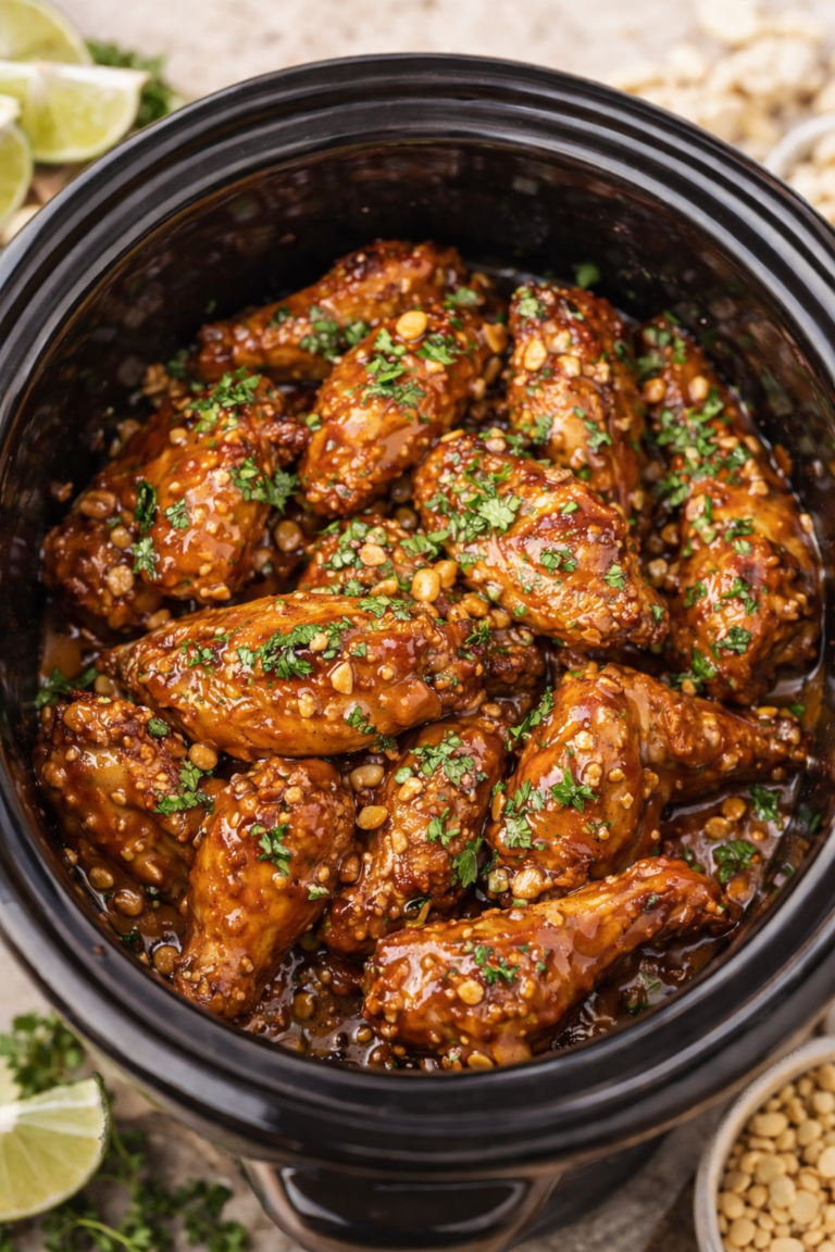 Slow cooker Thai peanut chicken wings coated in a rich peanut butter–brown coconut peanut sauce with cilantro and chopped peanuts