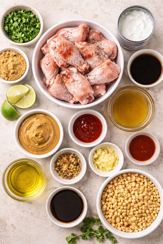 Flat lay of ingredients for Thai peanut chicken wings including chicken drumettes, peanut butter, coconut milk, soy sauce, ginger, lime, and cilantro