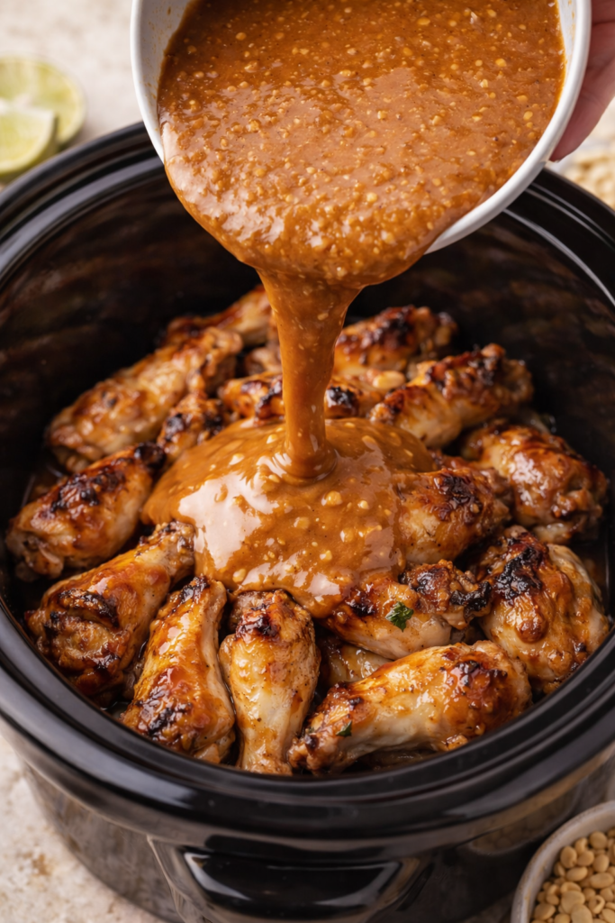 Coconut peanut sauce being poured over broiled chicken wings in a slow cooker before cooking