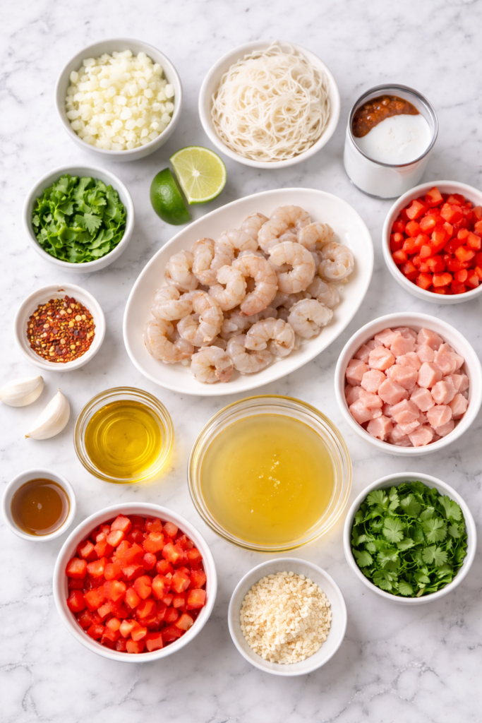 Flat lay of ingredients for Thai red curry soup including shrimp, chicken, coconut milk, red curry paste, rice noodles, garlic, red bell peppers, lime, cilantro, and chicken broth on a marble countertop.