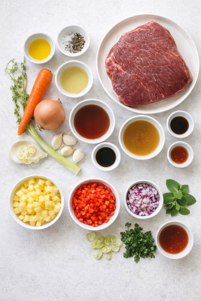 Flat lay of Thai-style brisket ingredients including raw beef brisket, pineapple, garlic, lemongrass, soy sauce, fresh herbs, and vegetables on a light background