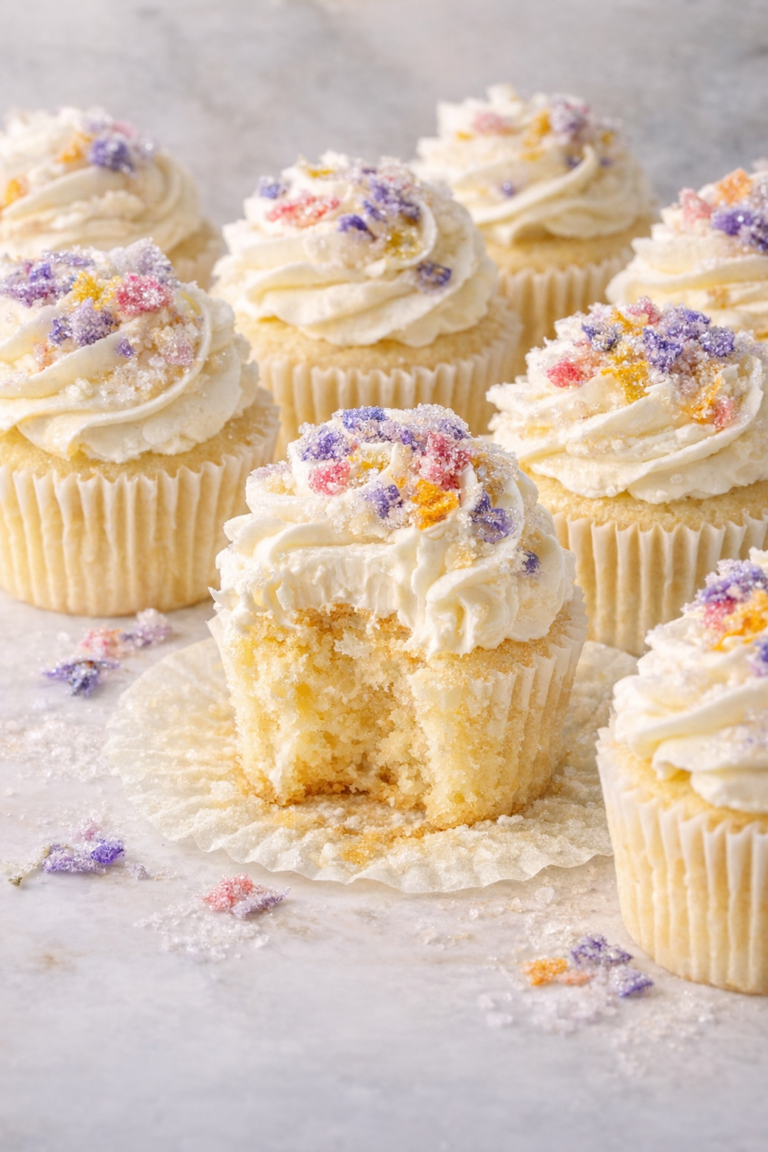 Vanilla cupcakes topped with swirled buttercream and colorful candied edible flower petals, styled close together on a light neutral surface and sized vertically for Pinterest.