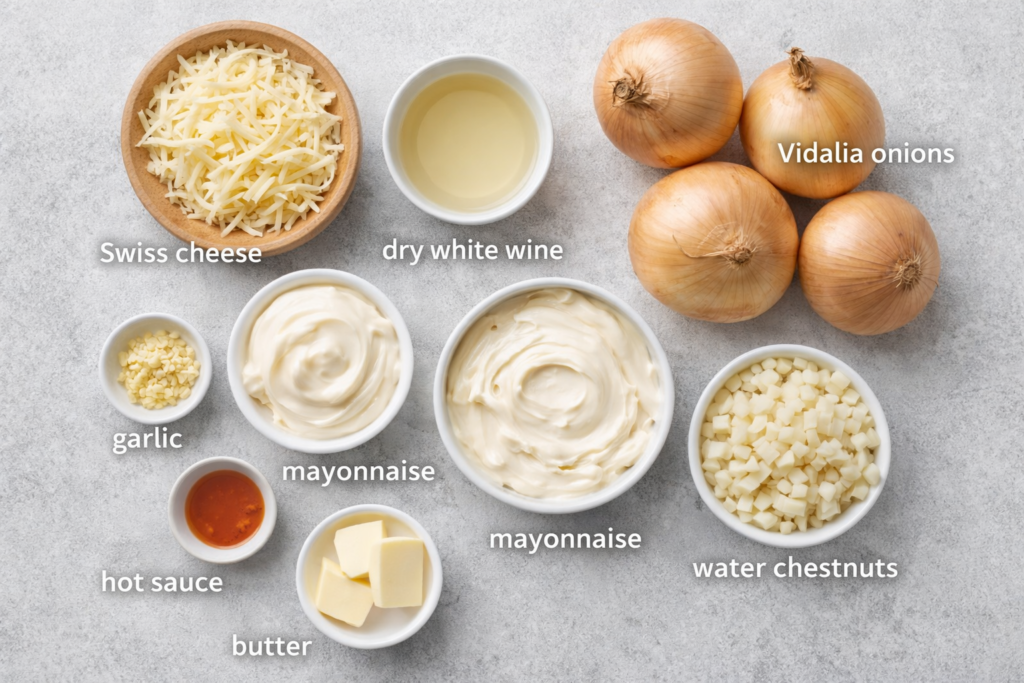 Flat lay of ingredients for baked Vidalia onion dip including sweet onions, Swiss cheese, mayonnaise, water chestnuts, garlic, and white wine.
