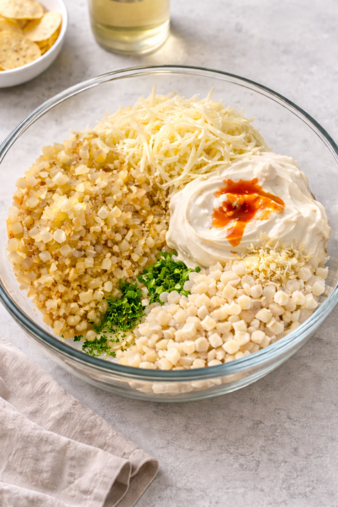 Glass mixing bowl filled with ingredients for baked Vidalia onion dip before mixing.