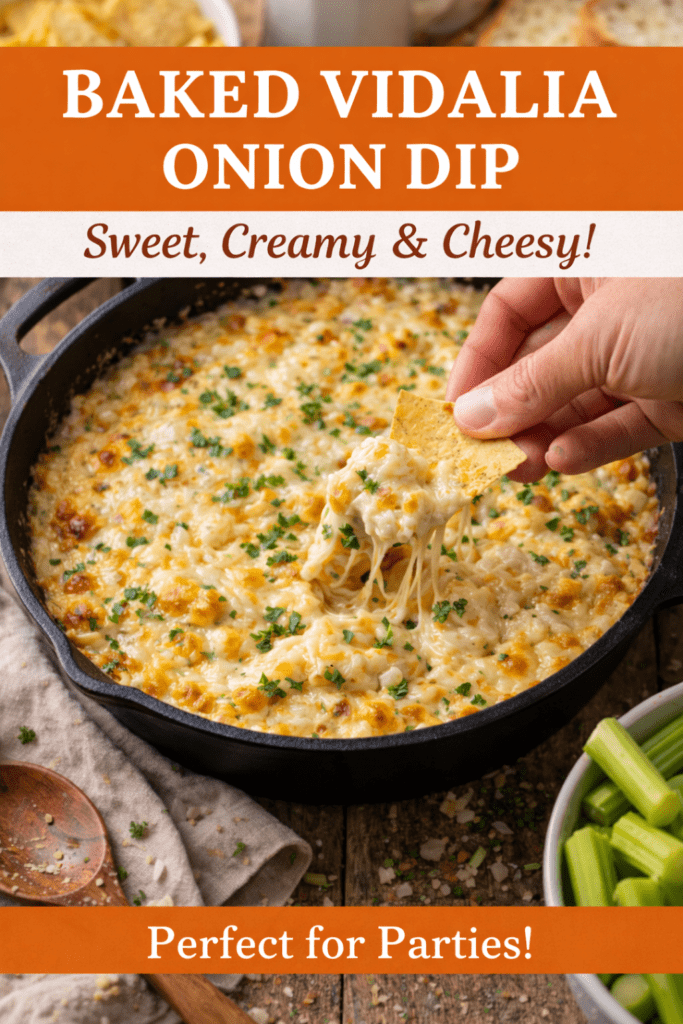 Pinterest graphic for baked Vidalia onion dip recipe with cheesy cast iron skillet image.