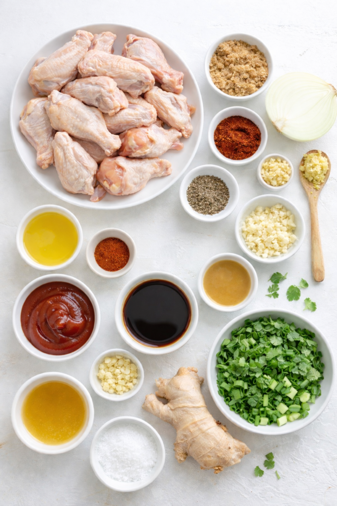 Flat lay of ingredients for Vietnamese sticky chicken wings including raw wings, garlic, ginger, soy sauce, fish sauce, brown sugar, and fresh herbs on a white background.