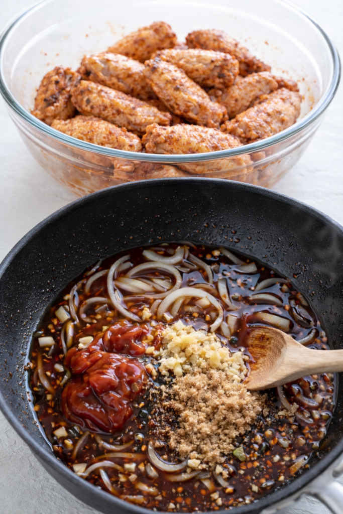 Seasoned chicken wings tossed in spices in a glass bowl with Vietnamese sticky sauce simmering in a pan in the foreground.
