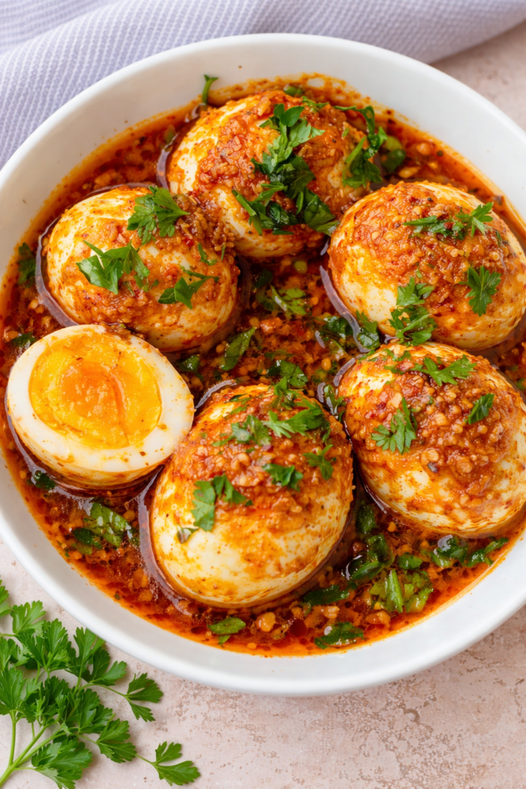 Viral egg boil recipe with hard-boiled eggs coated in spicy garlic seafood butter sauce and fresh parsley