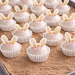 No-bake white chocolate peanut butter buckeye bunny truffles with pink sugar sprinkles for Easter