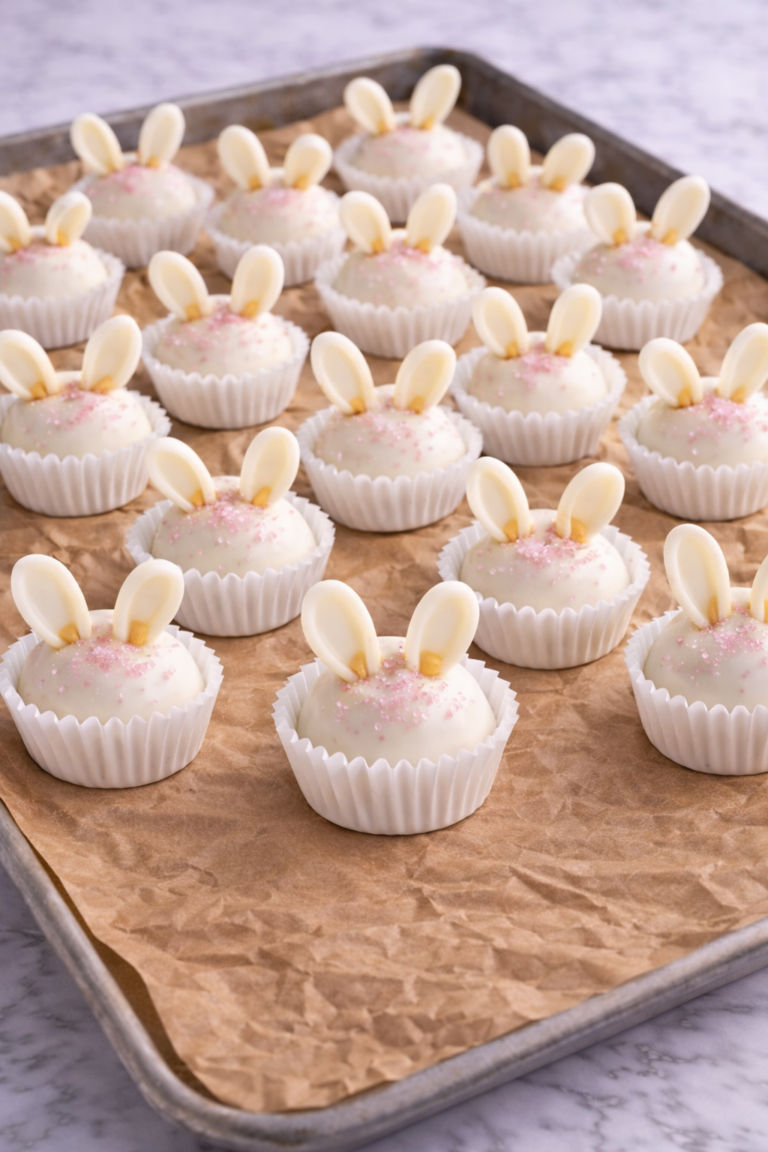 No-bake white chocolate peanut butter buckeye bunny truffles with pink sugar sprinkles for Easter