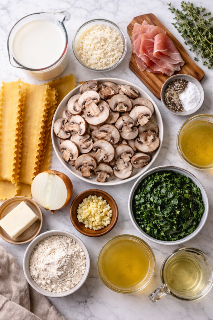 Flat lay of ingredients for white lasagna soup including mushrooms, prosciutto, spinach, lasagna noodles, milk, broth, garlic, onion, and Pecorino Romano on a marble surface