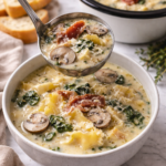 Ladle scooping creamy white lasagna soup with prosciutto, spinach, mushrooms, and pasta into bowls on a marble countertop