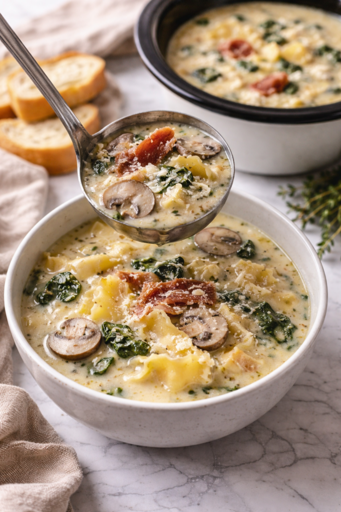 Ladle scooping creamy white lasagna soup with prosciutto, spinach, mushrooms, and pasta into bowls on a marble countertop