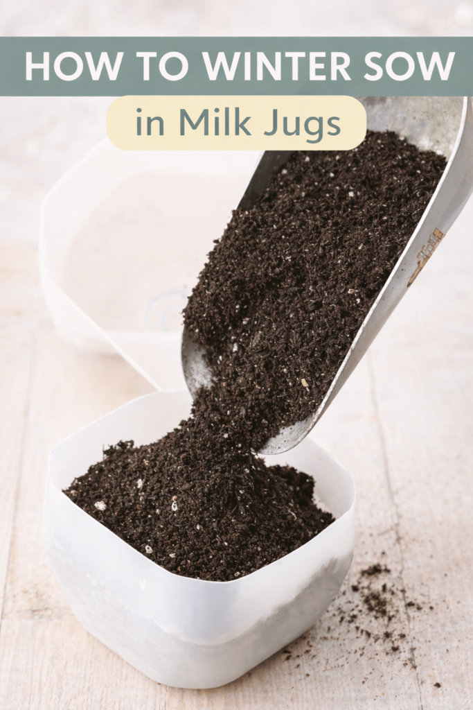 Winter sowing in milk jugs using potting soil for outdoor seed starting in cold climates.