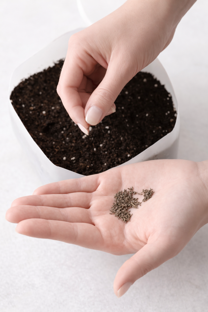 Hand placing seeds into potting soil in a milk jug for winter sowing in Zone 5.
