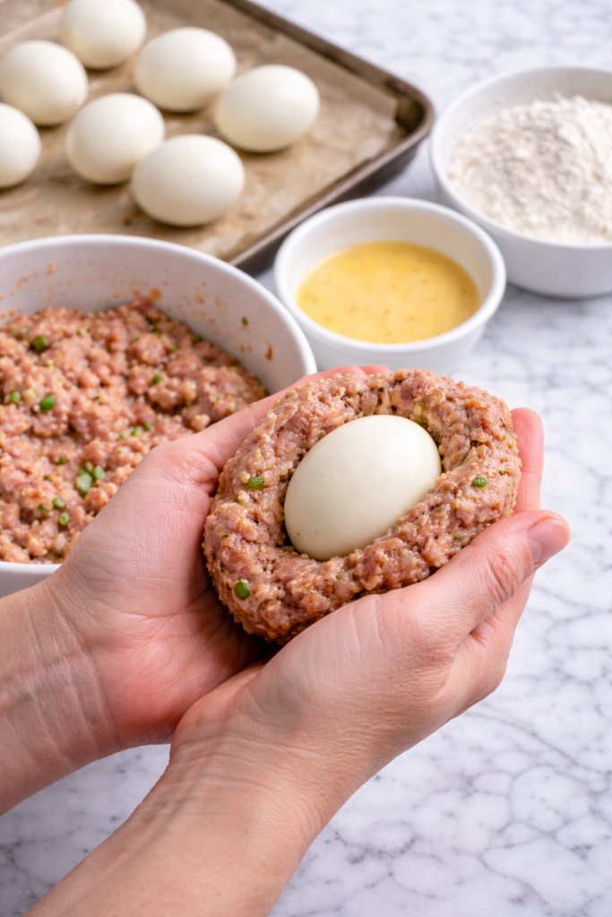 Hands wrapping a hard-boiled egg in seasoned breakfast sausage while making easy baked Scotch eggs on a marble counter.