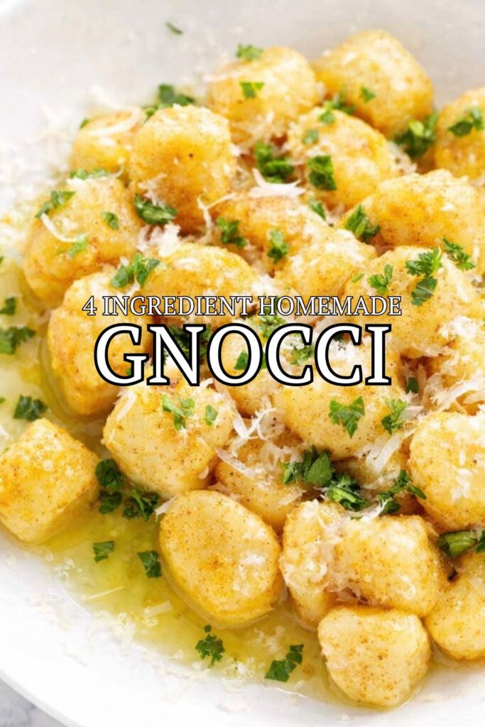 4 ingredient homemade potato gnocchi with butter parmesan and parsley in a white bowl