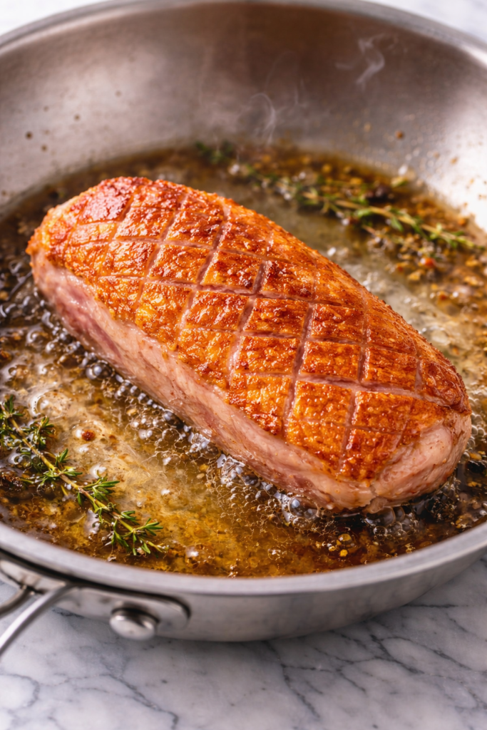 Duck breast skin side down searing in skillet rendering fat with crispy crosshatched skin