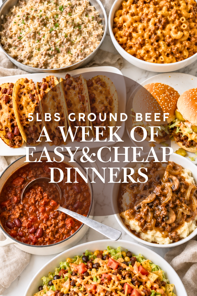 Collage of seven cheap ground beef dinners including beef and rice, Hamburger Helper, tacos, sloppy joes, chili, mashed potato bowls, and taco salad