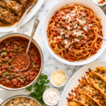 Overhead flat lay of easy ground beef recipes including meatloaf with onion gravy, spaghetti with meat sauce, chili, baked tacos, casserole, and creamy beef and rice
