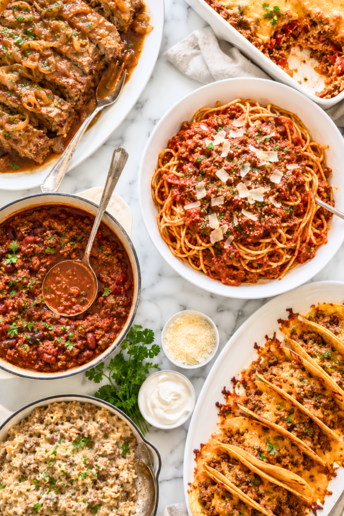 Overhead flat lay of easy ground beef recipes including meatloaf with onion gravy, spaghetti with meat sauce, chili, baked tacos, casserole, and creamy beef and rice
