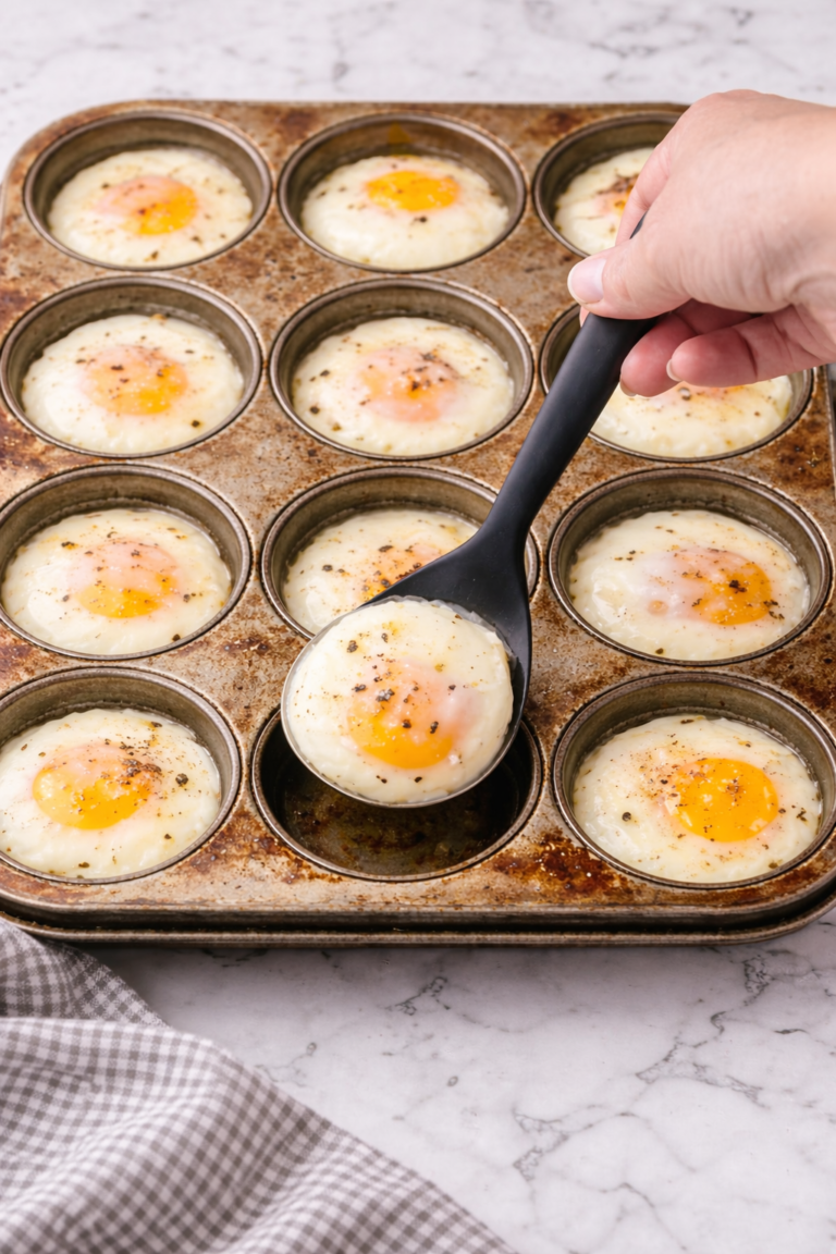 Oven-poached eggs cooked in a muffin tin with perfectly runny yolks—an easy, hands-off breakfast method.