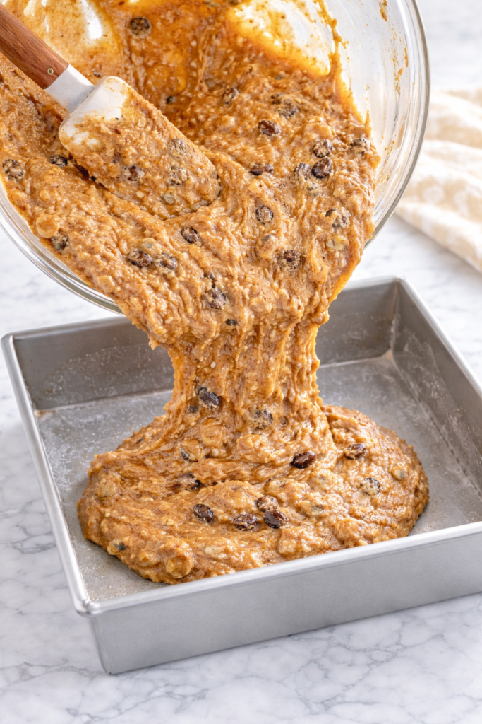 applesauce spice cake batter with raisins and walnuts being poured from a glass mixing bowl into a greased square baking pan on a marble countertop