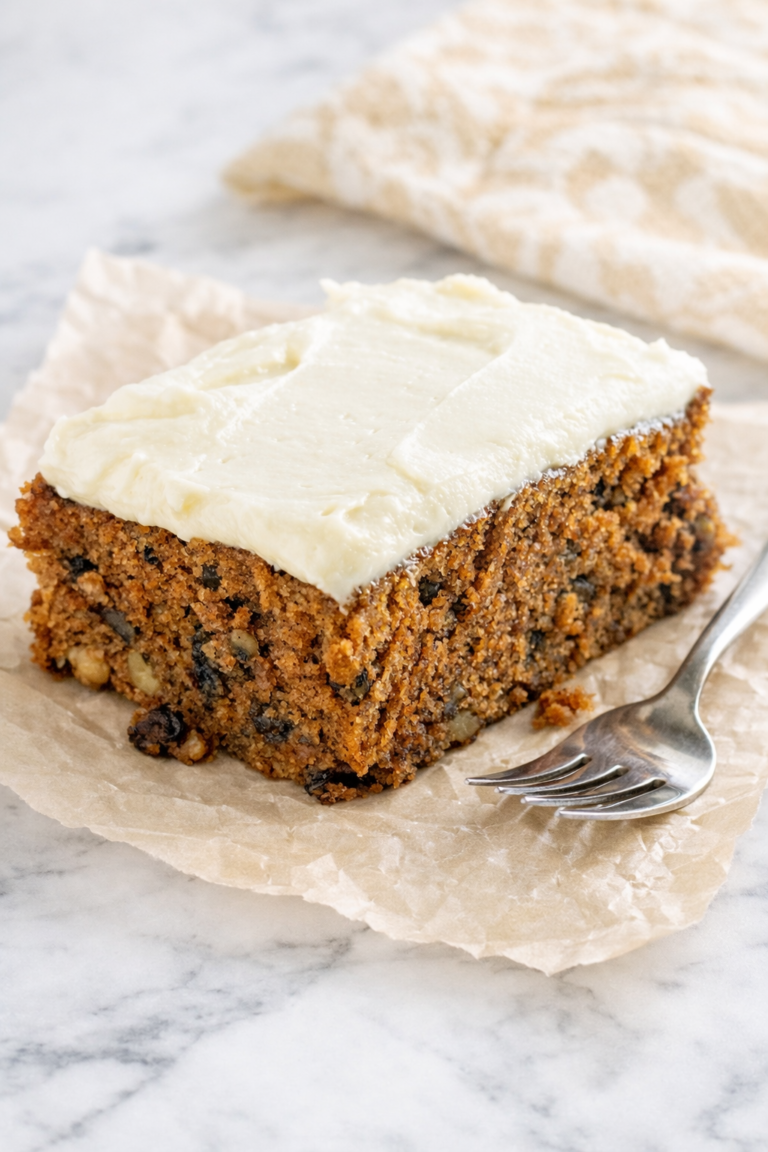 slice of old fashioned applesauce spice cake with cream cheese frosting on wrinkled parchment paper over a marble countertop