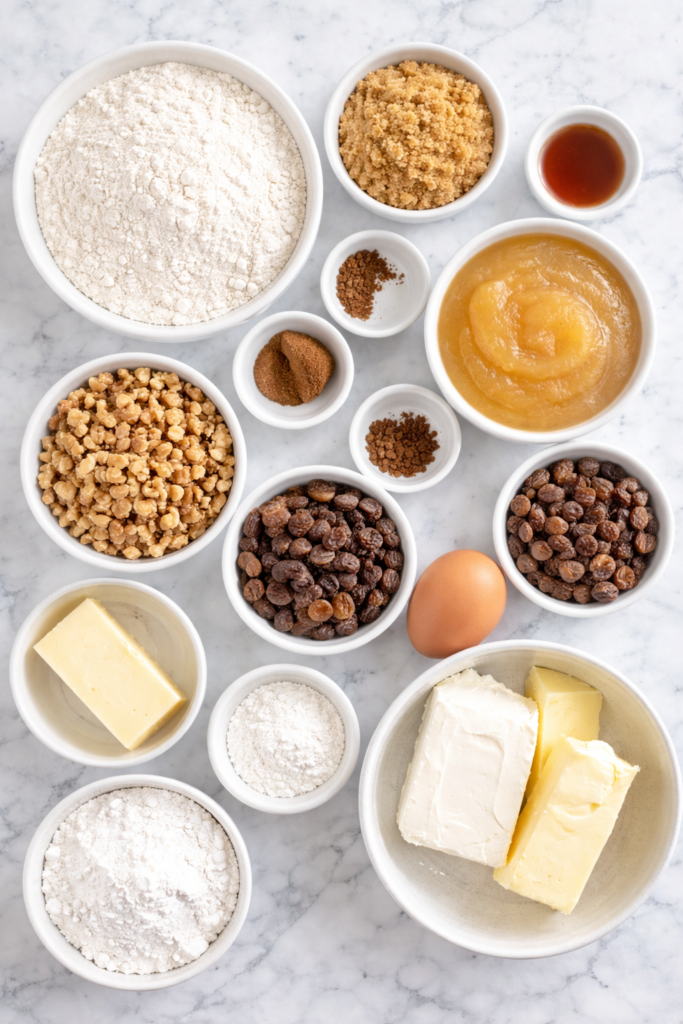flat lay of ingredients for applesauce spice cake including flour, applesauce, brown sugar, walnuts, raisins, butter, egg and spices on a marble countertop