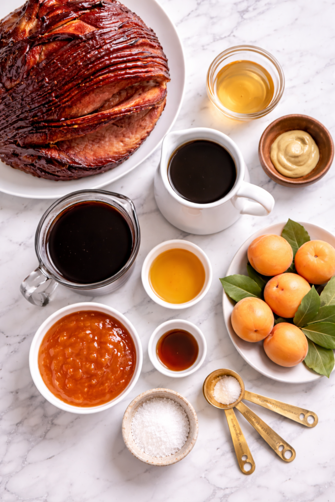 flat lay of ingredients for apricot glazed ham including apricot jam molasses coffee vinegar Dijon mustard and fresh apricots on marble