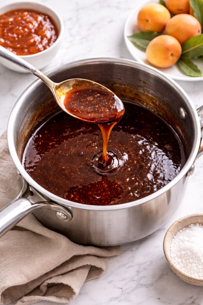 apricot molasses ham glaze in saucepan with spoon showing thick sticky glaze on marble countertop