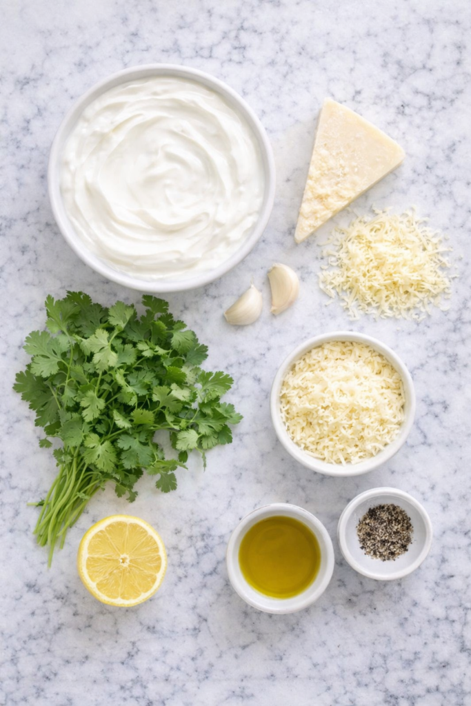 Flat lay of ingredients for Asiago cilantro garlic yogurt dressing including Greek yogurt, fresh cilantro, Asiago cheese, garlic, lemon, olive oil, salt, and pepper on a marble countertop.
