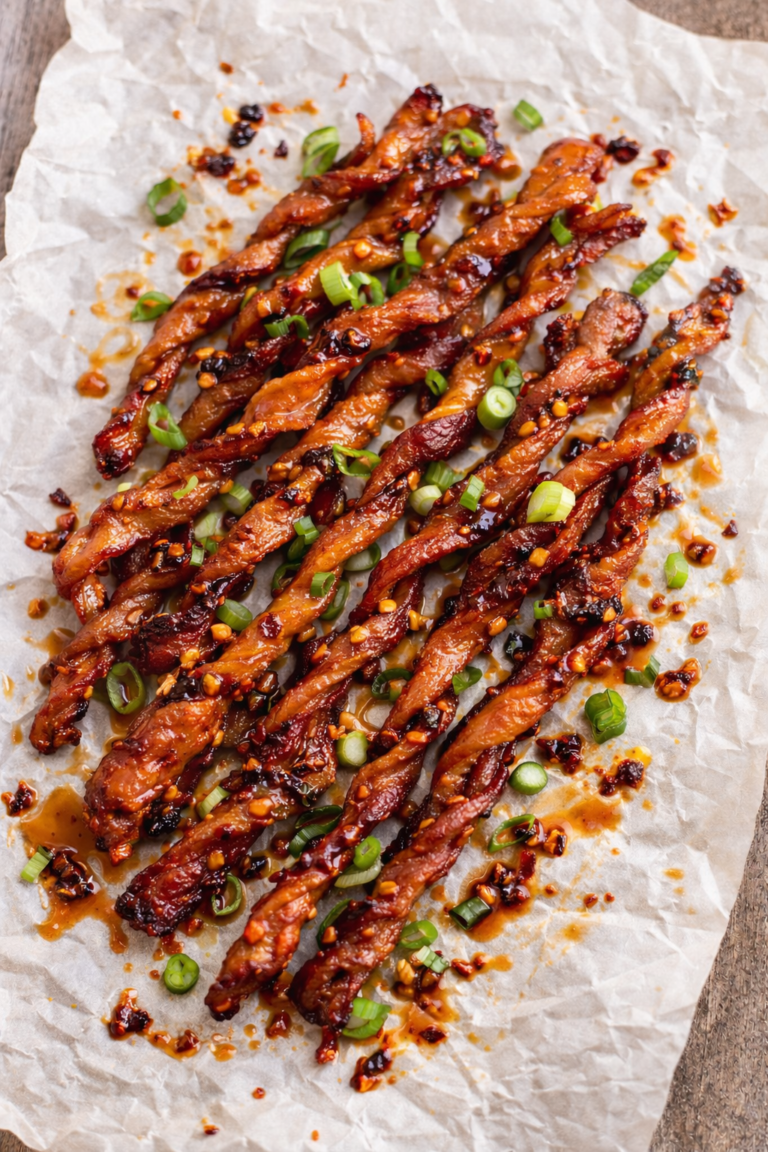 crispy billion dollar bacon drizzled with Asian garlic chili oil and topped with sliced scallions on wrinkled parchment paper