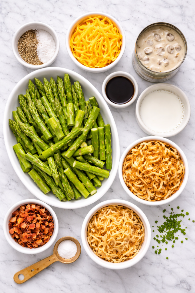 Flat lay of ingredients for asparagus casserole including fresh asparagus, cream of mushroom soup, shredded cheese, milk, crispy fried onions, and seasonings on a marble countertop