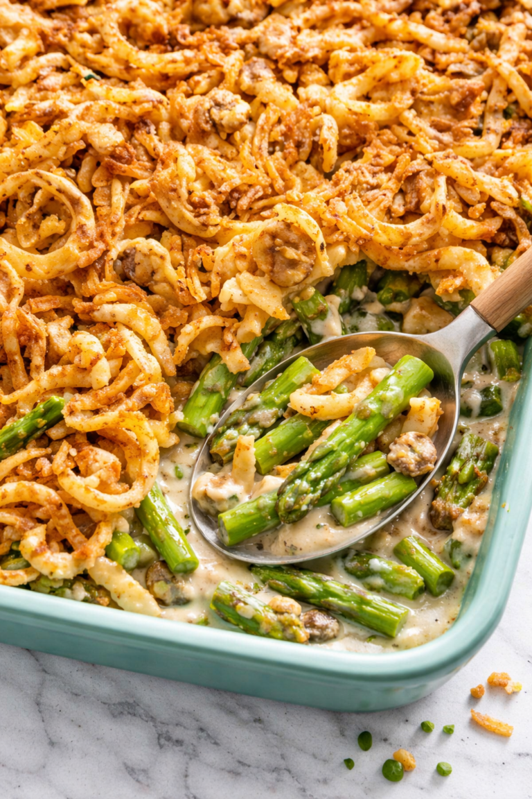 Creamy asparagus casserole topped with crispy fried onions being scooped with a spoon from a baking dish on a marble countertop
