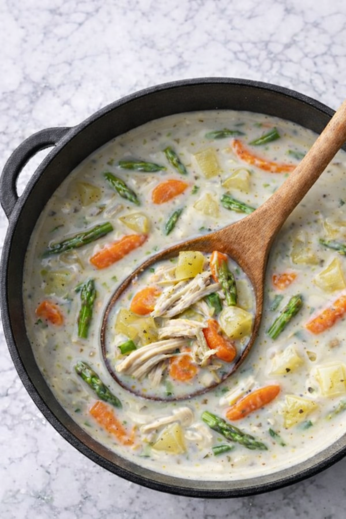 Creamy asparagus and chicken chowder with potatoes and carrots in a black pot on a marble countertop