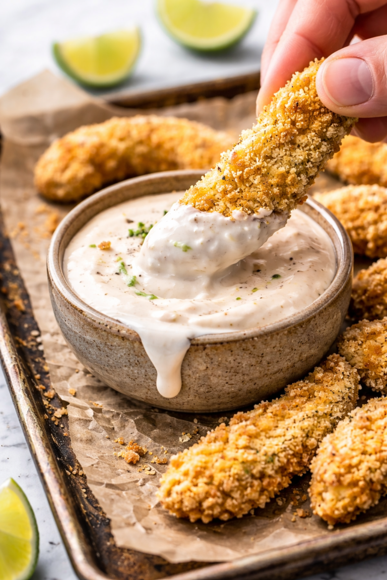 Golden baked avocado fry dipped into homemade lime ranch with creamy sauce dripping down the bowl.