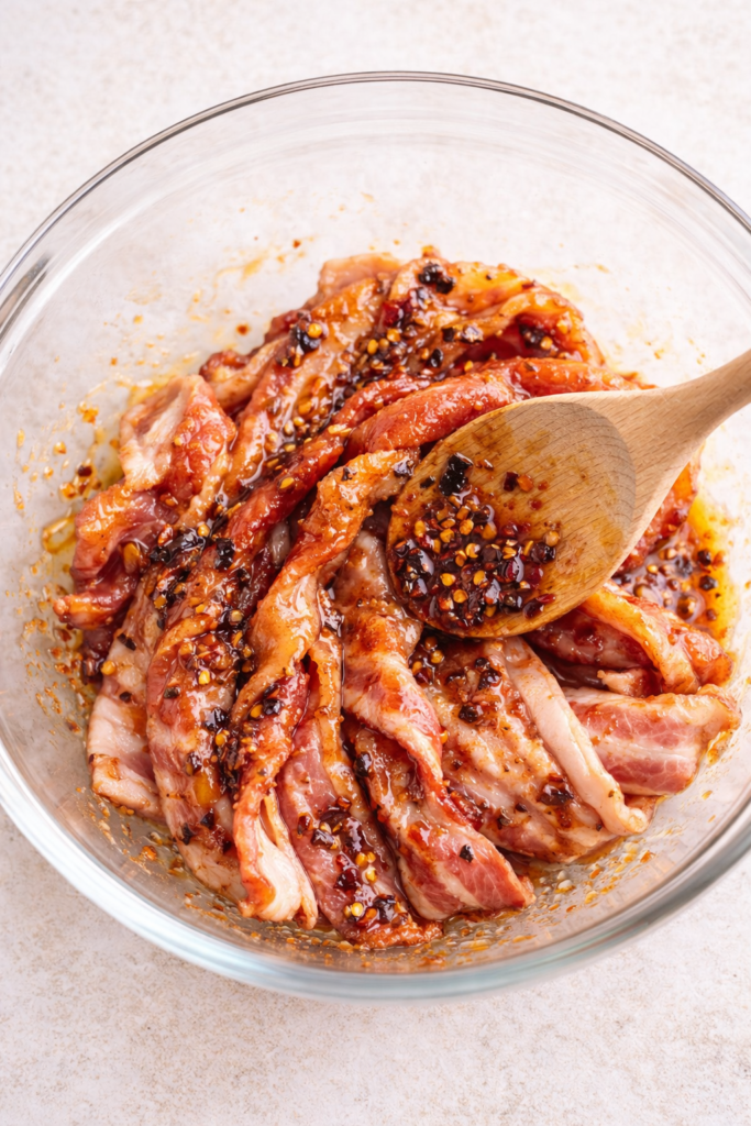 raw bacon strips being coated in a sweet spicy maple and garlic chili oil glaze in a glass mixing bowl