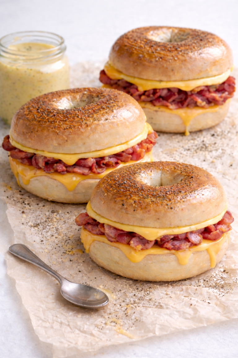 Bacon egg and cheese bagel sandwiches with dill mustard mayo on parchment paper, sprinkled with pepper and dried dill