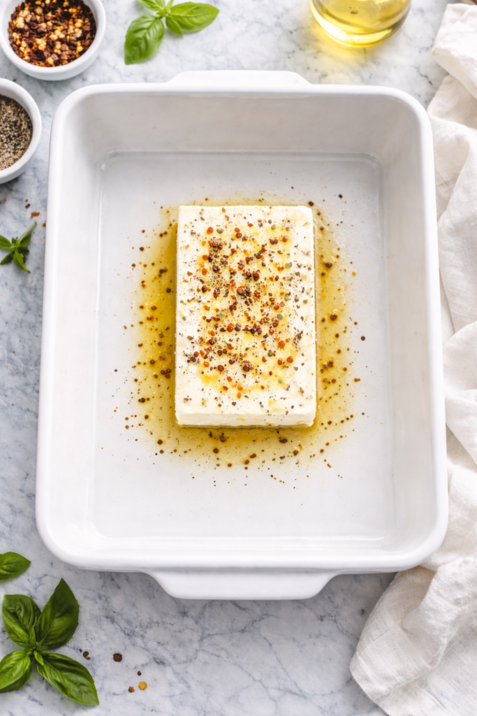 Block of feta cheese drizzled with olive oil and red pepper flakes in a white baking dish on a marble countertop before baking.