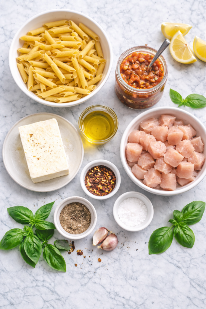 Flat lay of ingredients for baked feta chicken bruschetta pasta including penne pasta, feta cheese, chicken, tomato bruschetta, olive oil, basil, and seasonings on a marble countertop.