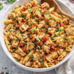 Baked feta and chicken bruschetta pasta in a large serving bowl with penne, roasted chicken, tomatoes, and basil on a marble countertop.