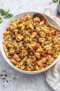 Baked feta and chicken bruschetta pasta in a large serving bowl with penne, roasted chicken, tomatoes, and basil on a marble countertop.