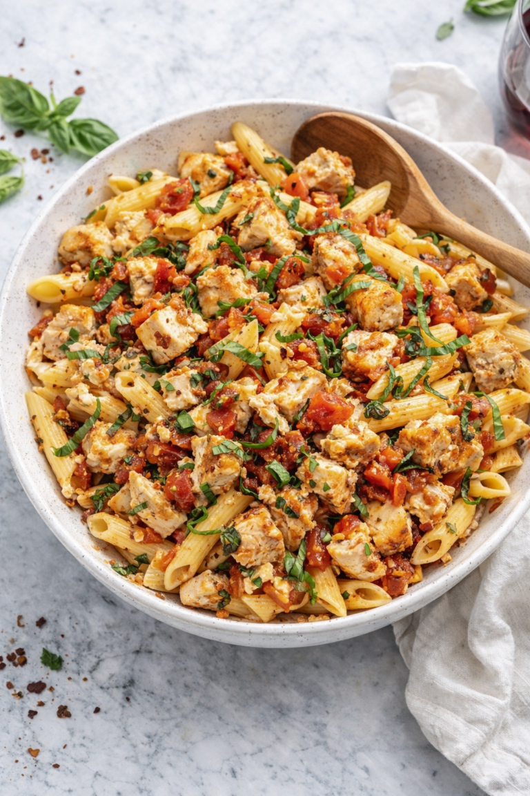 Baked feta and chicken bruschetta pasta in a large serving bowl with penne, roasted chicken, tomatoes, and basil on a marble countertop.