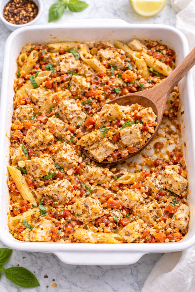 Wooden spoon scooping baked feta chicken bruschetta pasta with penne, creamy feta, tomatoes, and basil from a white baking dish on a marble countertop.