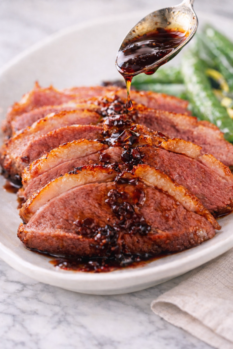 Spoon drizzling balsamic honey sauce over sliced pan seared duck breast with crispy skin on white plate