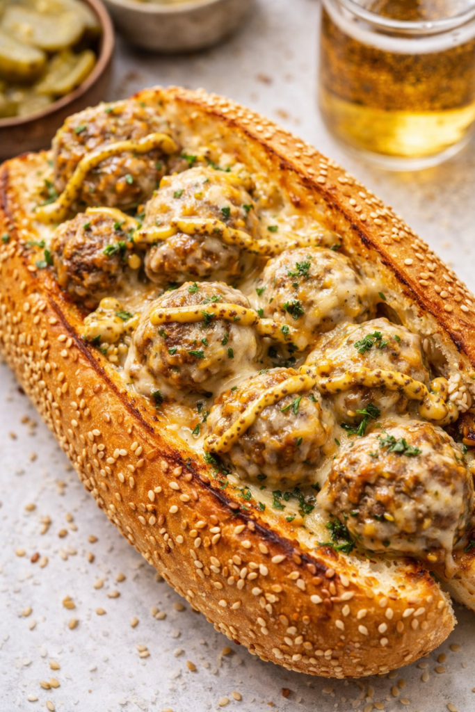 Bavarian meatballs with melted cheese and mustard on a toasted hoagie roll