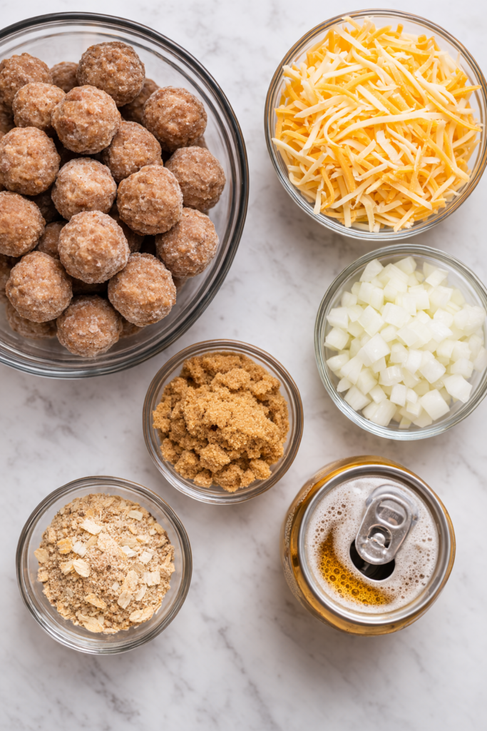 Flat lay of ingredients for slow cooker Bavarian meatballs including frozen meatballs, shredded cheese, onion, brown sugar, onion soup mix, and beer on a marble counter