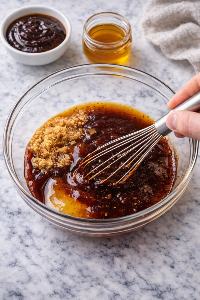 whisking homemade bbq glaze in a glass bowl for pork belly burnt ends