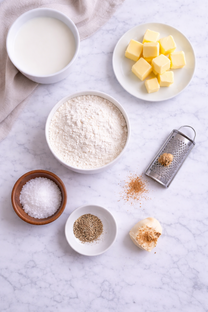 flat lay of béchamel sauce ingredients including milk butter flour salt pepper and nutmeg on a marble countertop